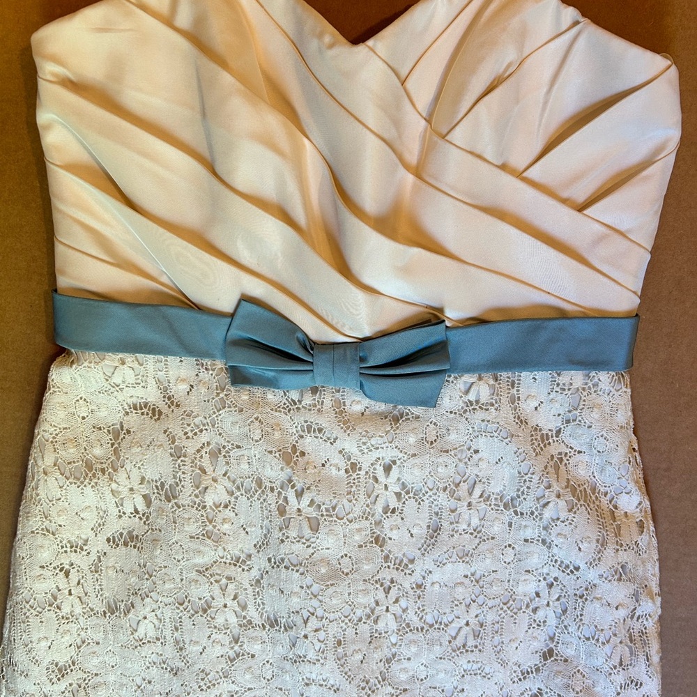 Melissa Sweet Strapless Ivory Lace Dress with Blue Sash Bow